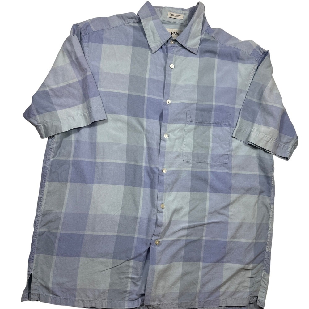 Alfani Mens L Blue Plaid Short Sleeve Button Up Shirt‎ Silk Cotton Blend
